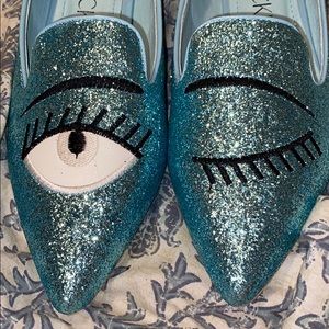 Teal/blue flats with silver heel